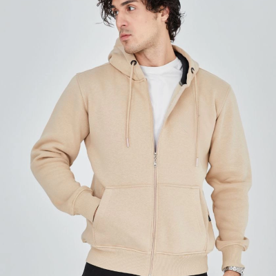 Tam Fermuarlı Kapşonlu  SweatShirt - Bej -